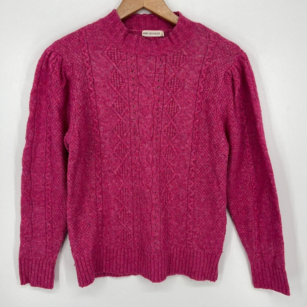 Avec Les Filles Womens Magenta Pink Cable Knit Wool Blend Sweater Small